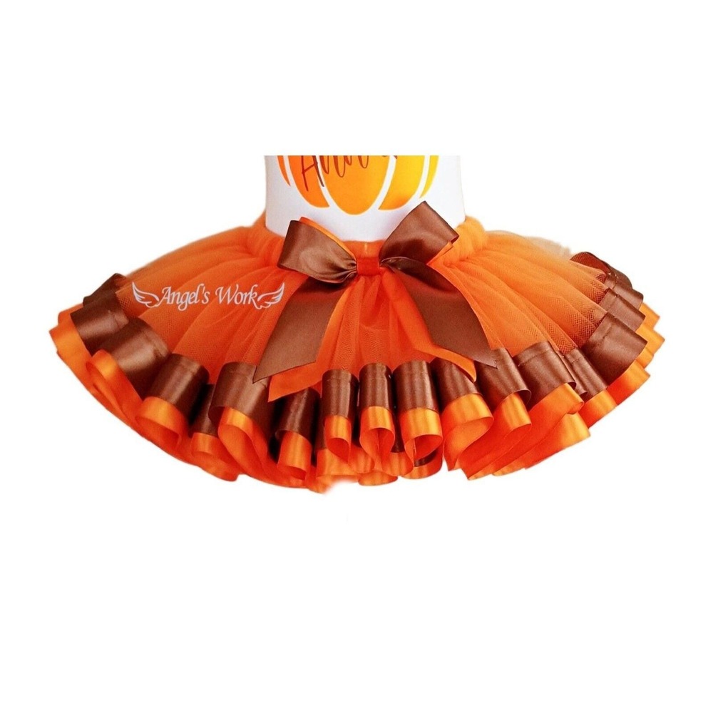 Angel's Work Orange Brown Ribbon Trim Tulle Tutu Skirt Halloween Pumpkin Costume